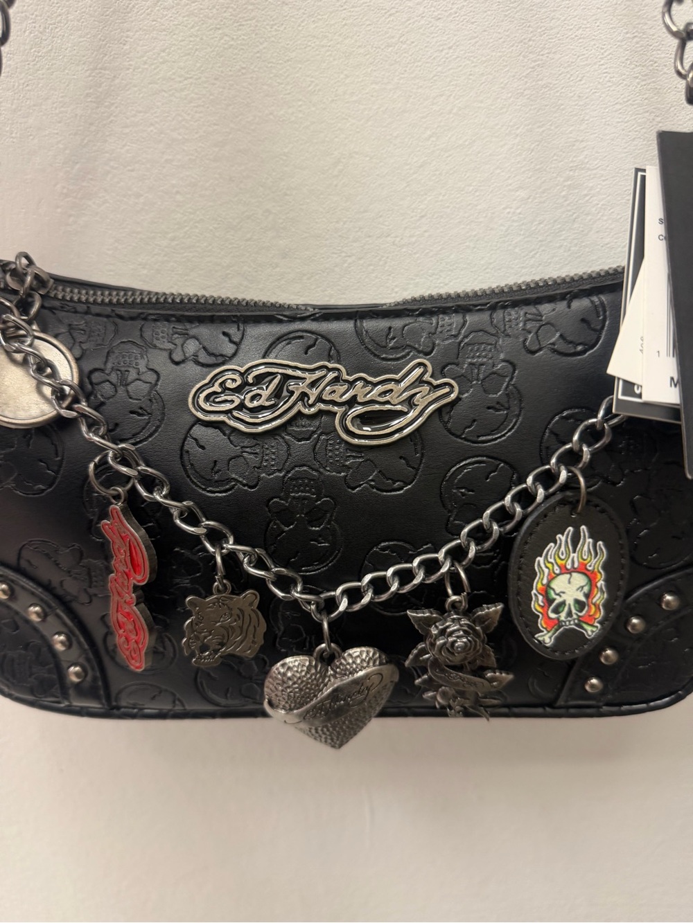 Ed Hardy Black Embossed Shoulder Bag with Charm Chain